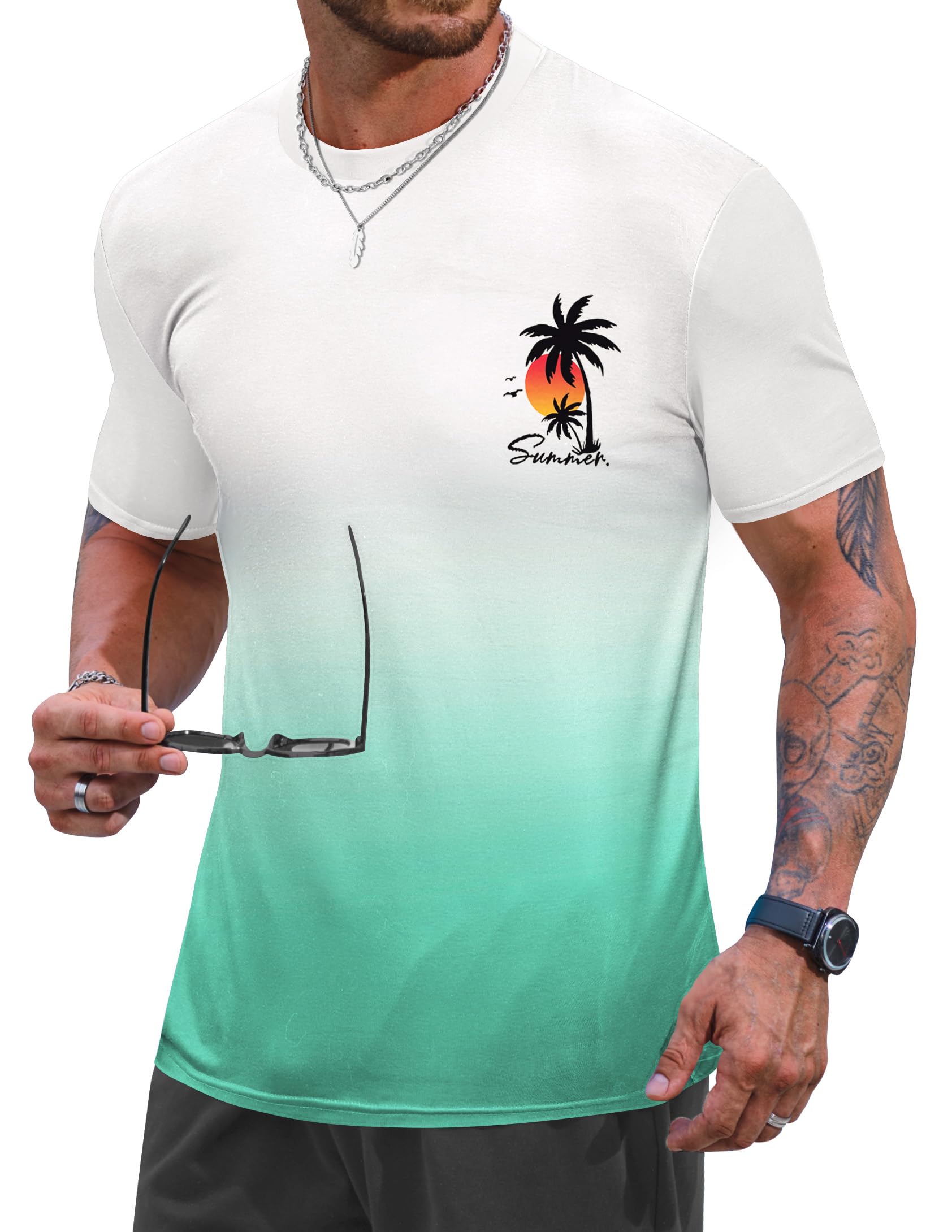 Photo 1 of Size Large VOGSTART Men's Ombre Tshirt Fashion Printed 2026 T-Shirt Tee Summer Resort Lightweight Graphic Crew Neck Print Short Sleeve Cool Vacation Outdoor Tropical Beach Green - Gradient
