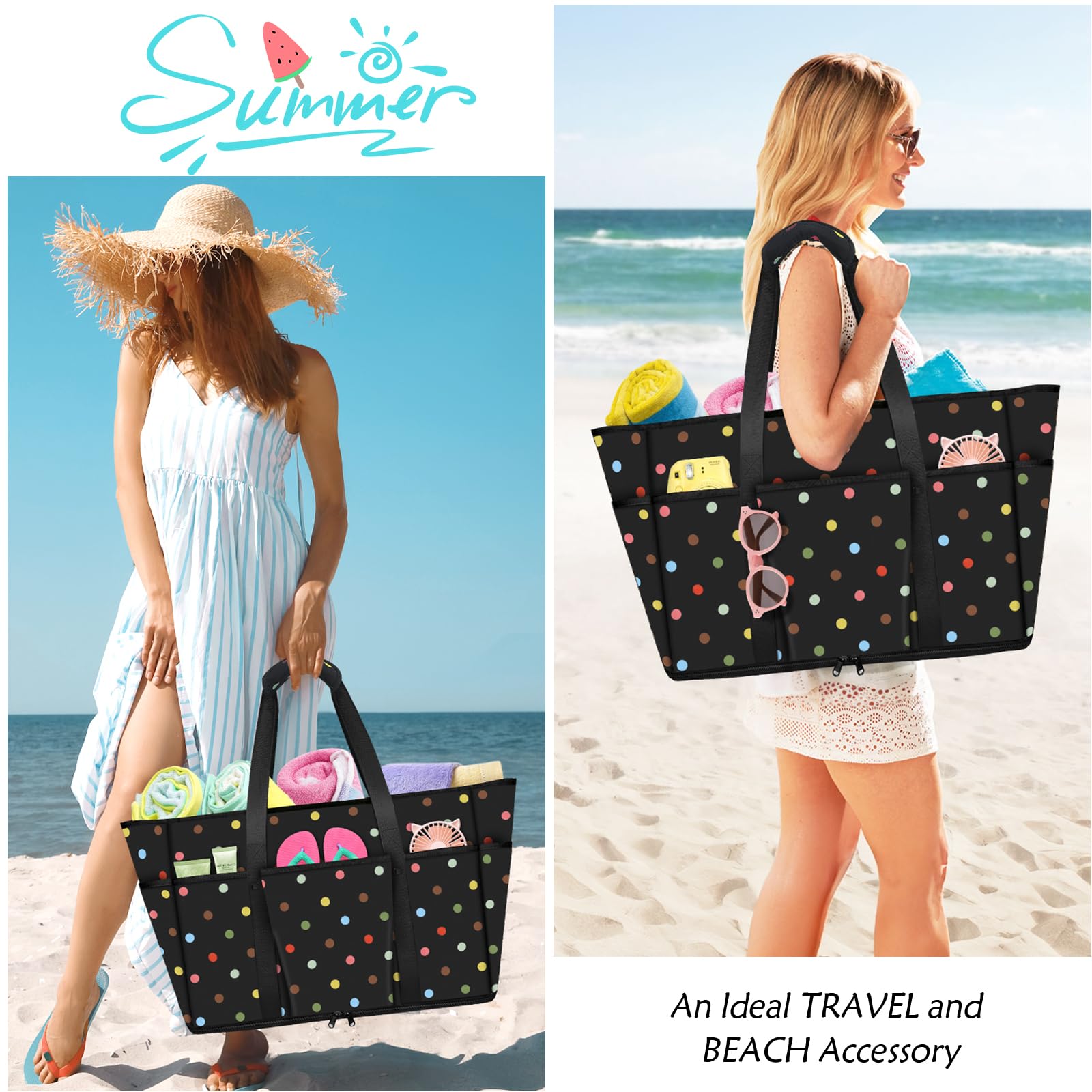 LUROON Bolsa Playa Grande XXL Familiar con Cremallera Impermeable Bolso de Playa Mujer Plegable Shopper Bolso Playa Mujer para Viaje Compras 50 * 35 * 20cm