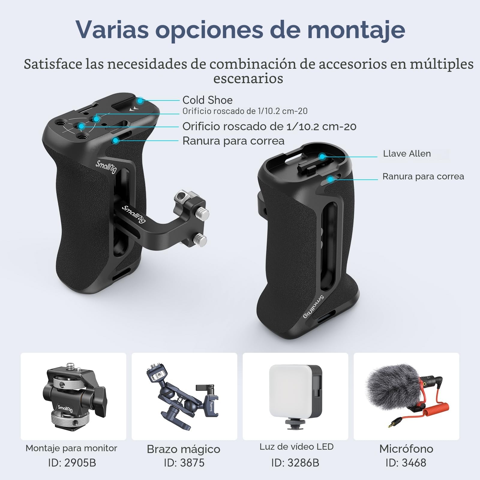 SMALLRIG Mango Lateral de Aluminio con Tornillo de 1/4'' para Jaulas de Cámara, Side Handle Ergonómica Universal 36mm Ajustable hacia Arriba/Abajo - 4015