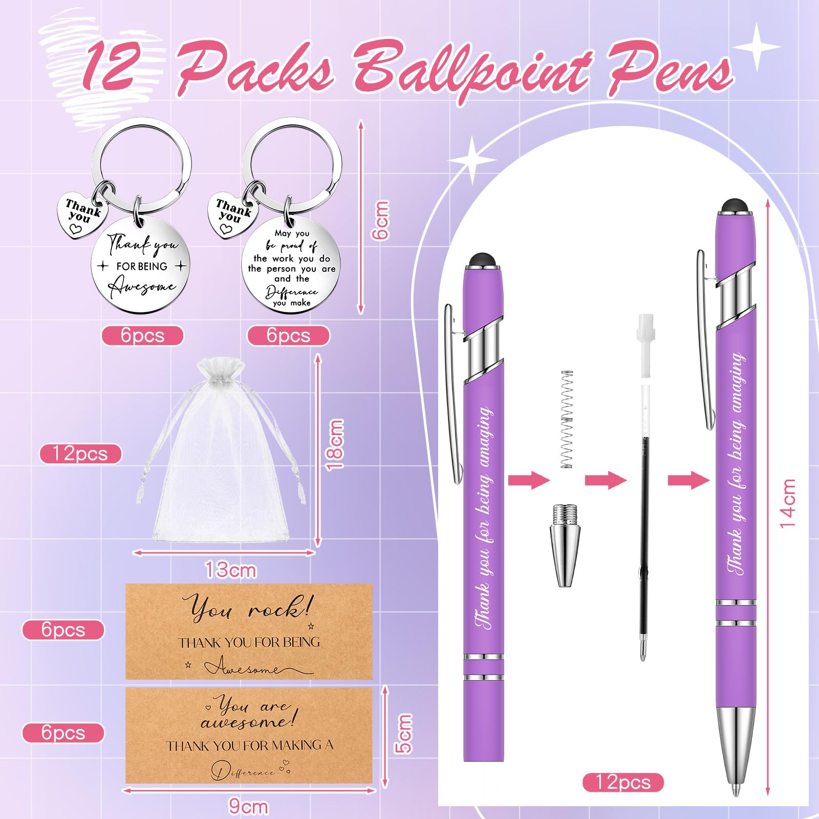 Tenare 12 Sets Thank You Gifts Bulk Teacher Students Thank You Graduation Motivational Ballpoint Pens Kraft Card Inspirational Keychains with Organza for Team Colleague Staff - Image 2