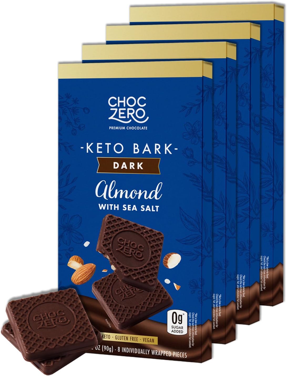 ChocZero Dark Chocolate Almond Bark with Sea Salt, Sugar Free, Vegan, Low Carb, High Fiber, Keto Friendly, No Sugar Alcohols (4 Count, 3.2oz Boxes)