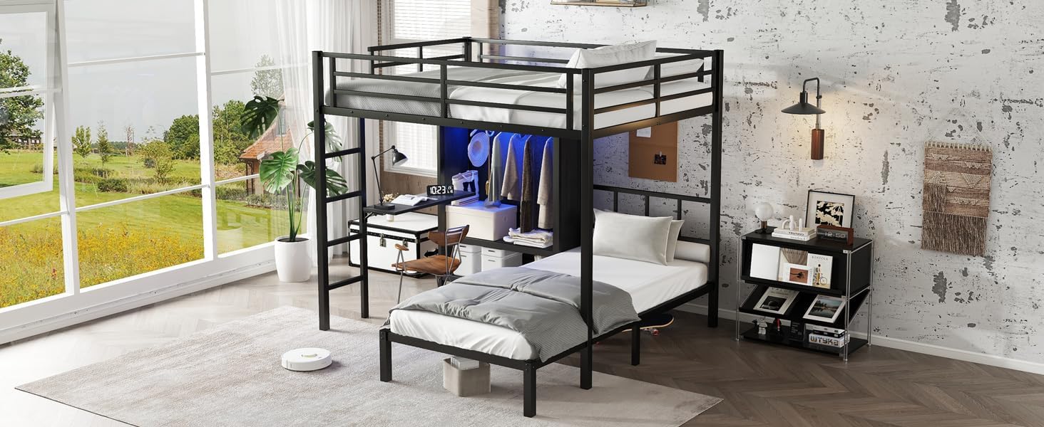 "Full XL Over Twin Metal Bunk Bed with Folding Desk & LED Lighted Closet - Space-Saving, Noise-Reduced Sturdy Frame, Black - Twin Over Full XL Bunk Beds for Kids/Teens, Heavy-Duty Metal Construction"