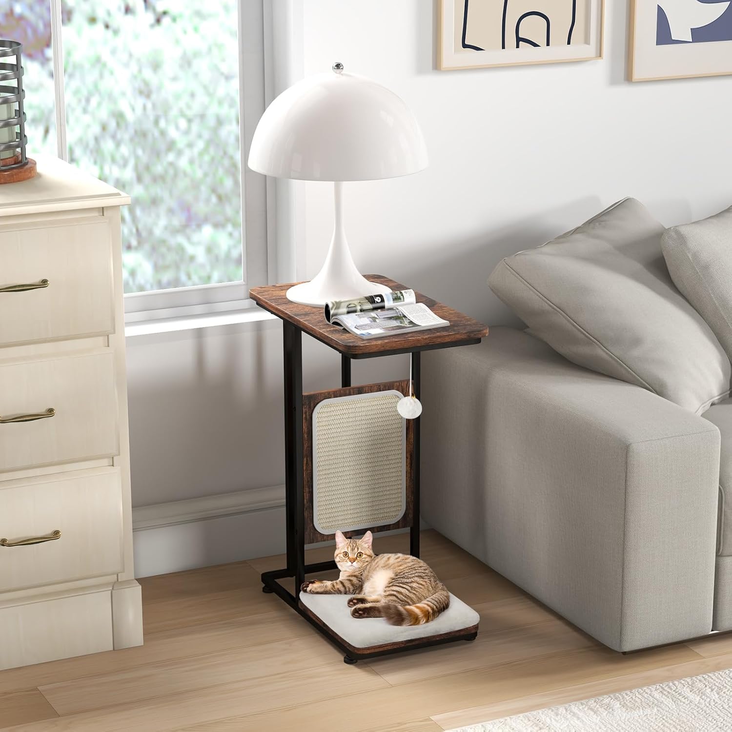 PETSITE Cat Tree and End Table, C-Shaped Small Cat Side Table with Scratching Pad, Removable Washable Cushion, and Jingling Hanging Ball, Modern Cat Furniture for Living Room Bedroom