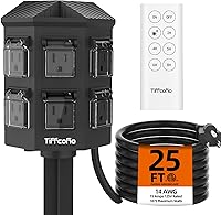 TiFFCOFiO 6-Outlet Outdoor Power Strip with 25FT Cord, Remote Dusk to Dawn Timer, Waterproof for Christmas Lights & Inflatables - ETL Listed