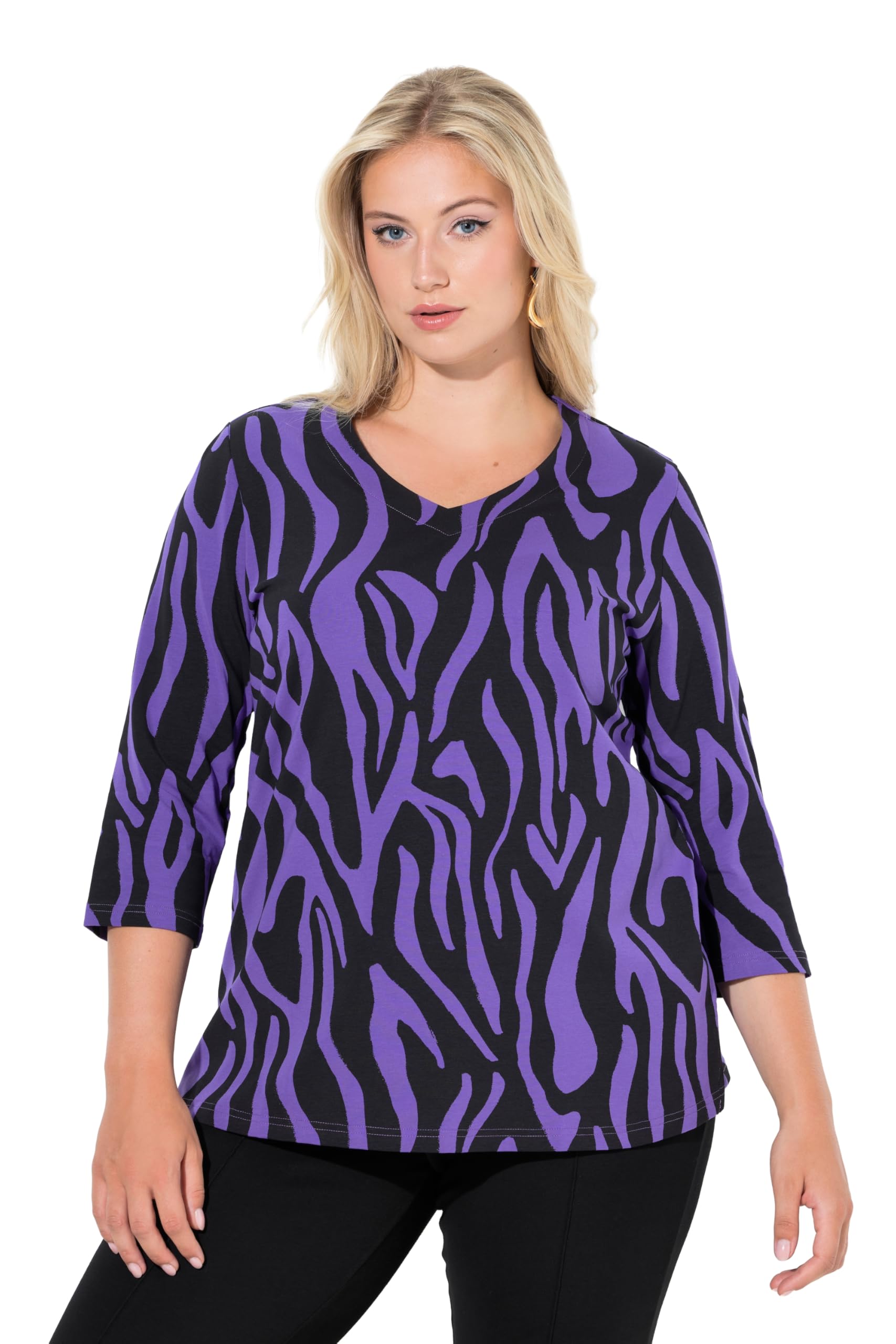 Ulla Popken Damen große Größen Übergrößen Plus Size Shirt, Zebramuster, Classic, V-Ausschnitt, 3/4-Arm 845405