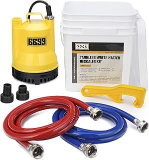 Volcanorproducts Tankless Water Heater Flushing Kit - 1/6HP 1100GPH Submersible Pump, Hoses, 3Gal Bucket & Lid Opener