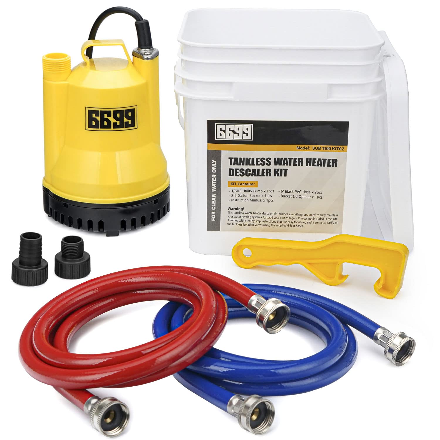 Tankless Water Heater Flushing Kit Includes 1/6HP Submersible Sump Pump with Two Adapters & 3 Gallons Pail with Bucket Lid Opener & Two 1/2” Dia X 6’ PVC Hoses with Washers