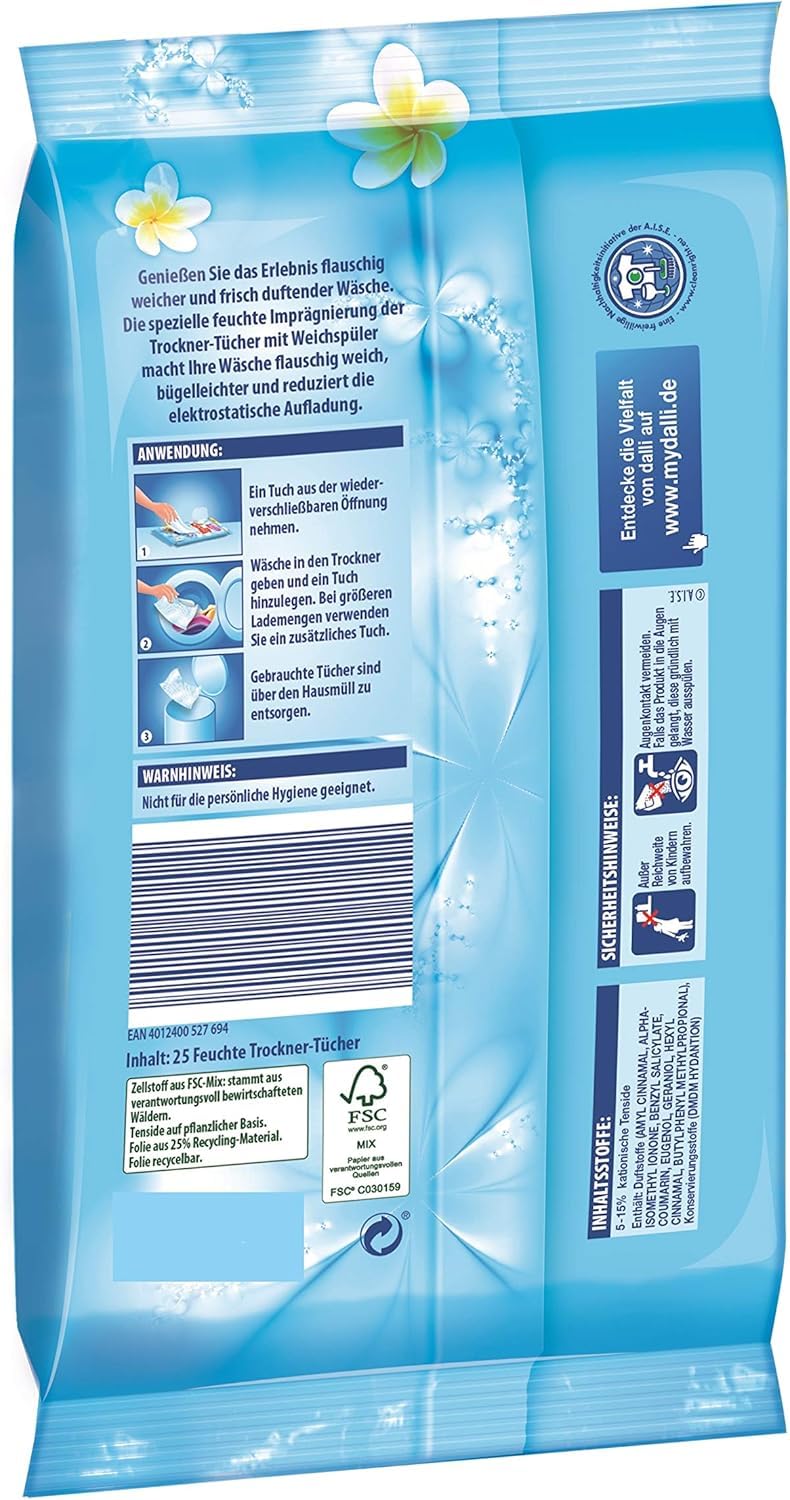 dalli® Toallitas para secar aprox. 300 ciclos de secado, 12 x 25 paños (300 toallitas), hace que la ropa sea suave y fácil de planchar.