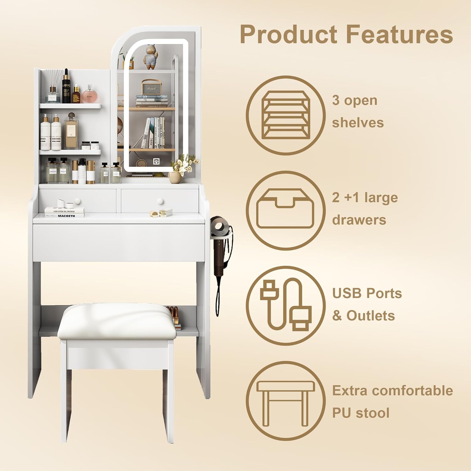 Small White Vanity Desk,Compact Vanity Desk +2 USB Ports & Outlets,Makeup Vanity Adjustable Brightness+Large Mirror with Streamlined Design+3 Drawers+3 Shelves, Bedroom Dressing Table
