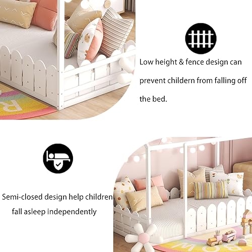 Miniatura 13 de Bellemave Cama de casa Queen con techo de madera, camas Montessori para niños, marco de cama de piso de madera para niñas, niños, adolescentes y Gris