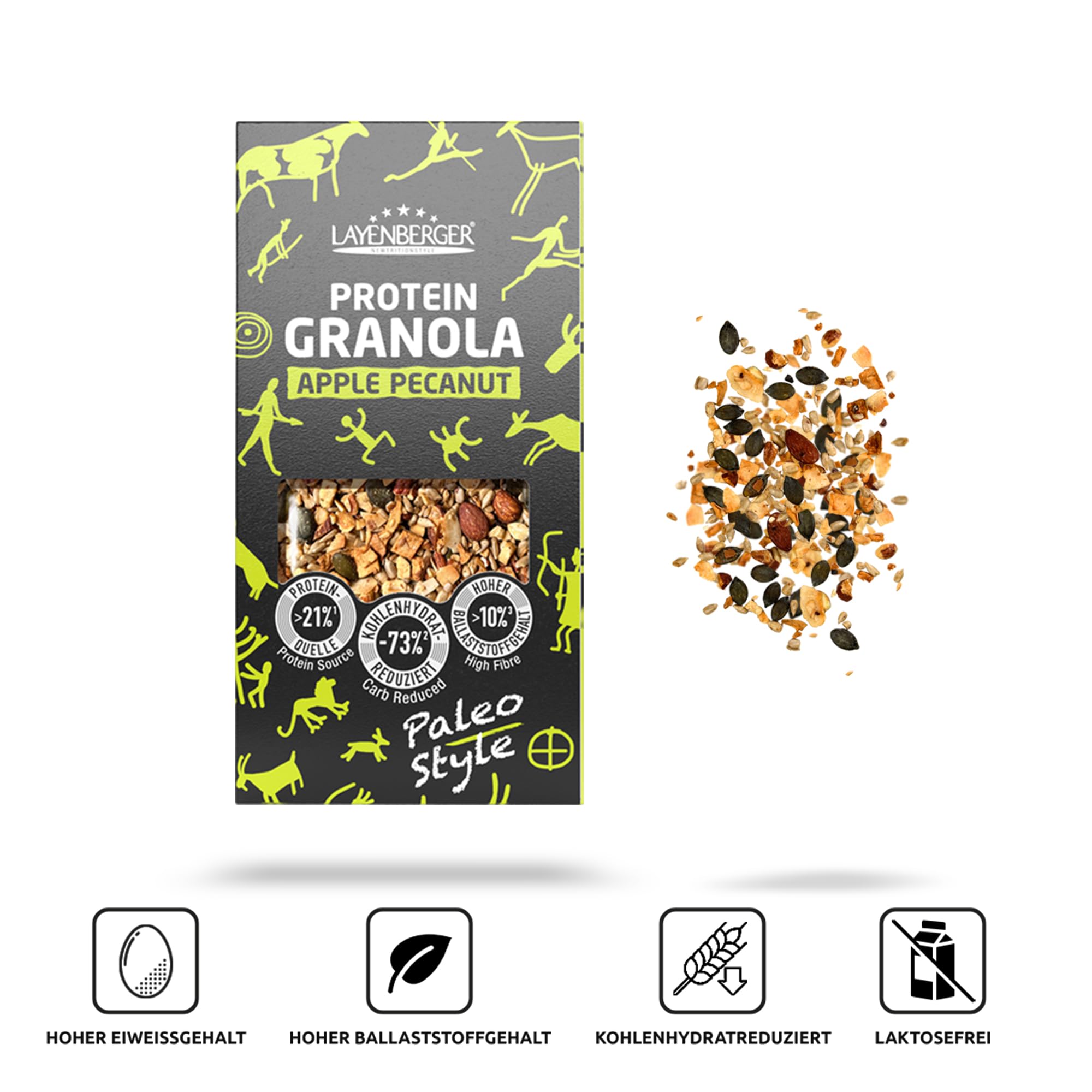 Layenberger Protein Paleo Granola Apfel Pekannuss (6x350 g) | 21 % Eiweiß, 10 % Ballaststoffe, laktosefrei, insgesamt 2100 g