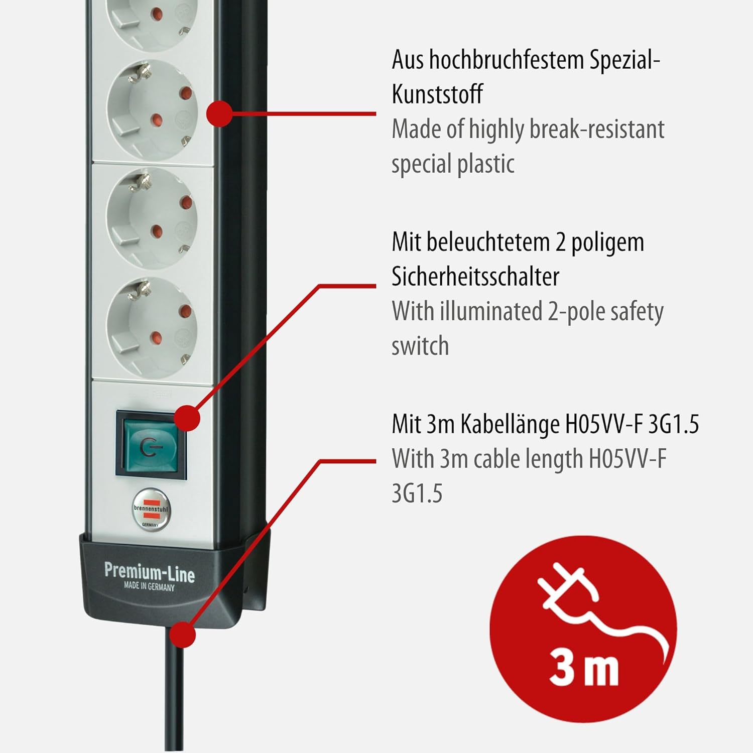Brennenstuhl 1951500100 - Premium-Line Multipurpose Base Grey claro/Negra con varias posibilidad de instalación y fijación (10 Tomas y 3 m) Multicolor