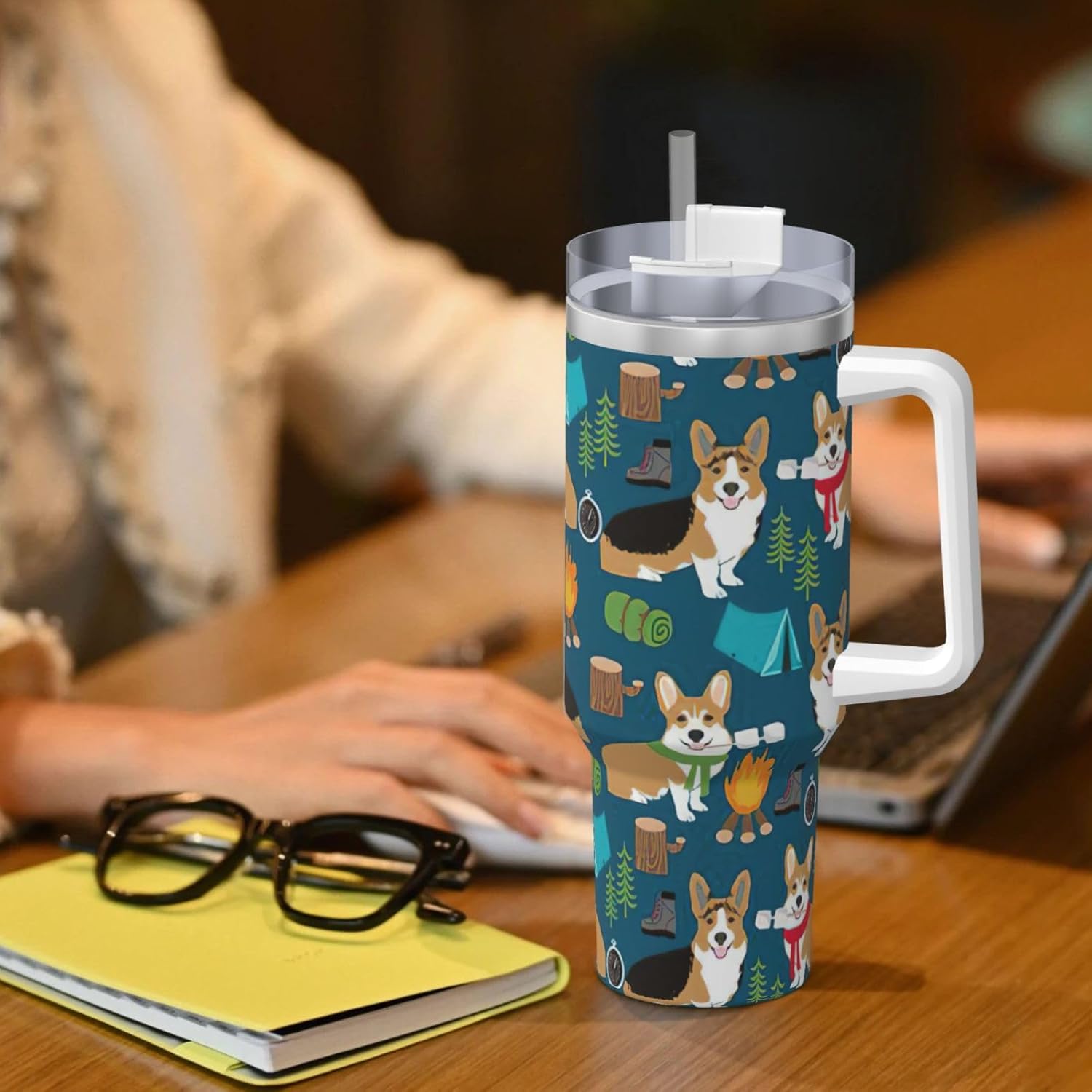40 OZ Corgi Print Ice Bully Cup with Handle Straw Lid Straw,Stainless Steel Tumbler Coffee Cup