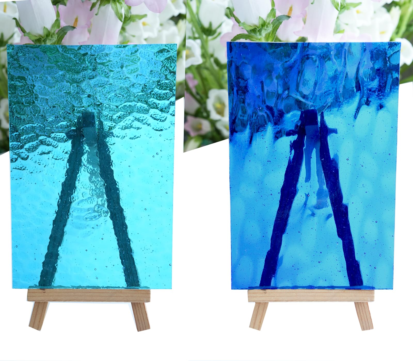 Lot de 10 feuilles de verre cathédral bleu transparent pour l'artisanat - Carreaux en verre texturé coloré de 15 x 10 cm - Pour bricolage et art mosaïque vivante
