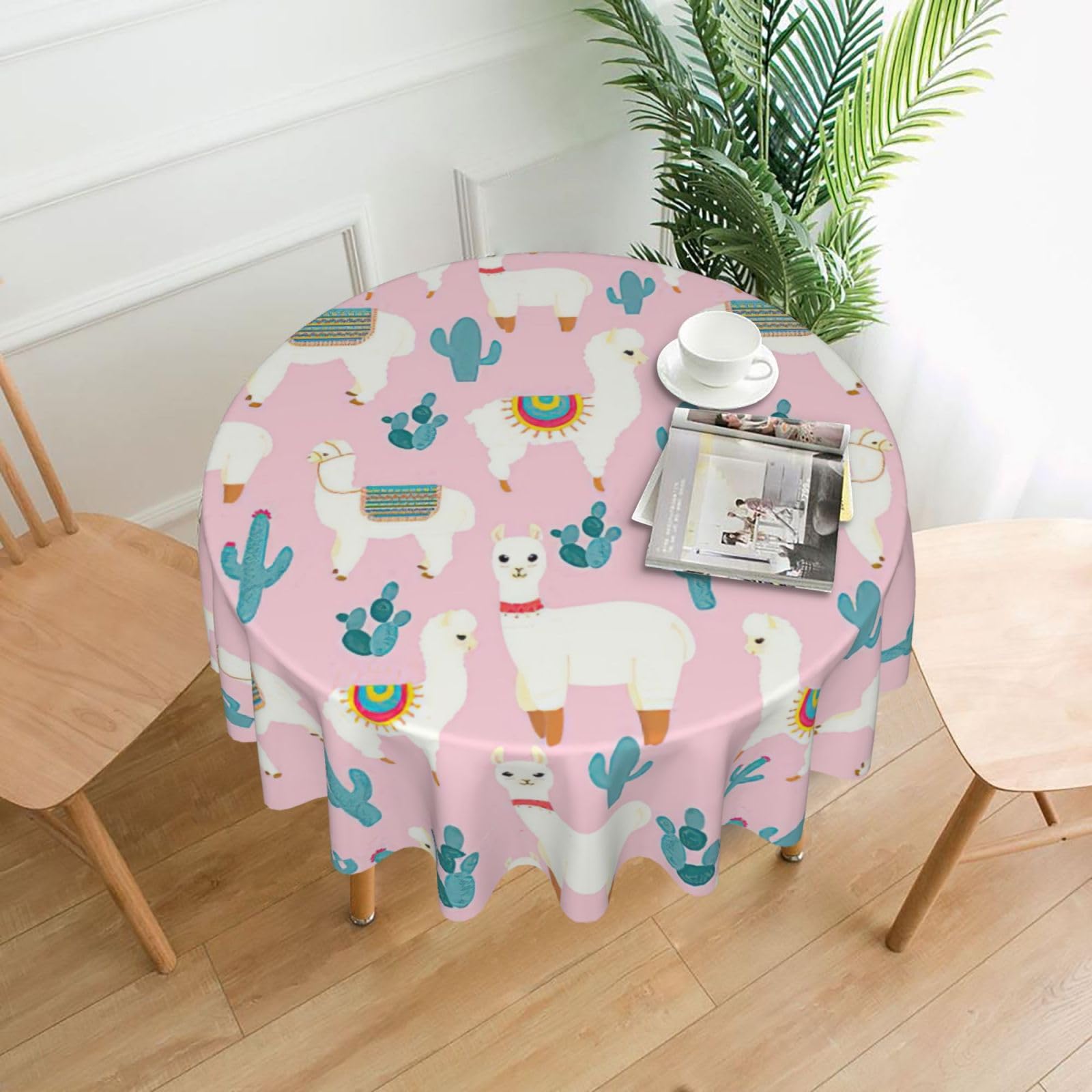 VCzsdff Llama Cactus Print Stain Resistant Round Tablecloth 60in Family Friendly Polyester Cloth for Kids Meals