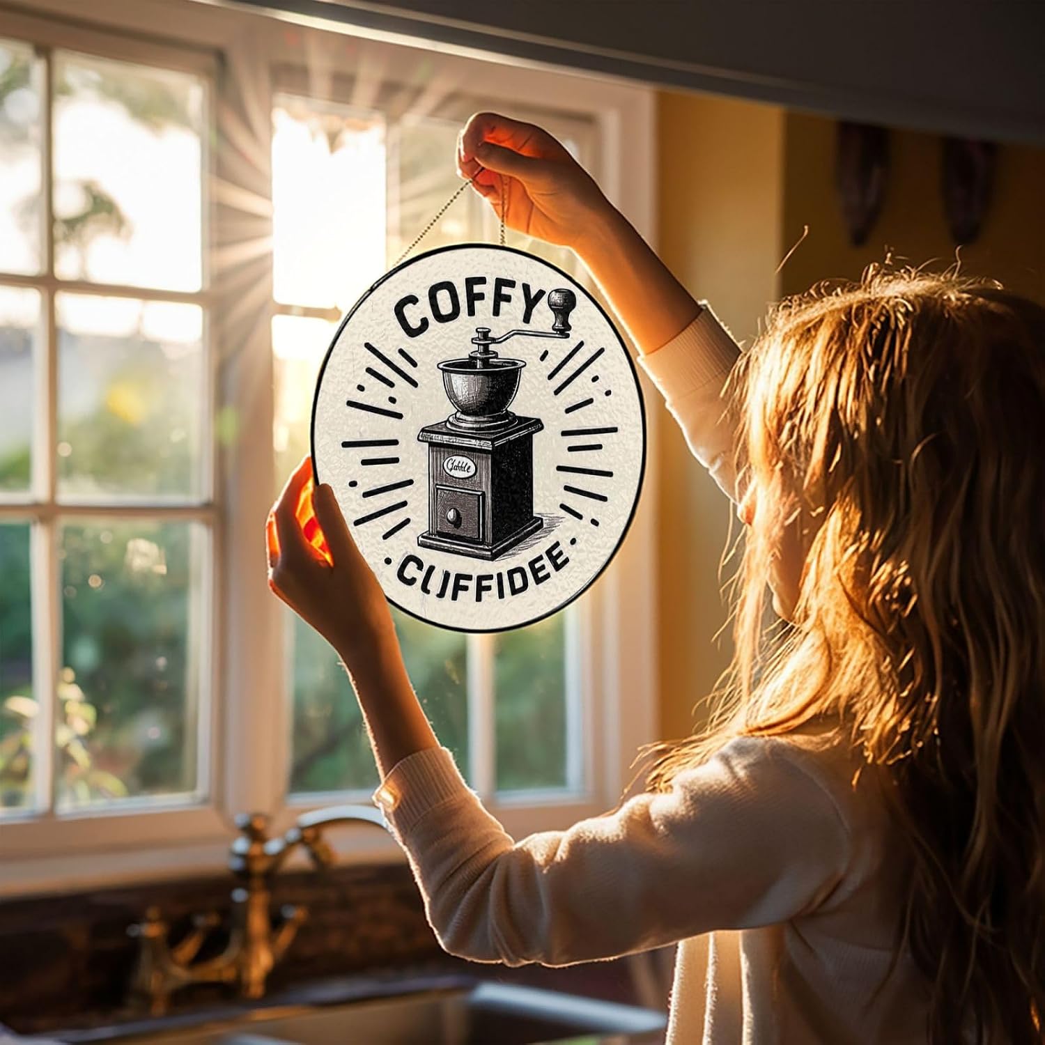 Stained Glass Window Hanging 10in Window Suncatcher Glass Panel with Metal Chain Coffee Grinder Coffee Text Pattern Sun Catchers Wall Art Home Decor Gift for Women Mother's Day