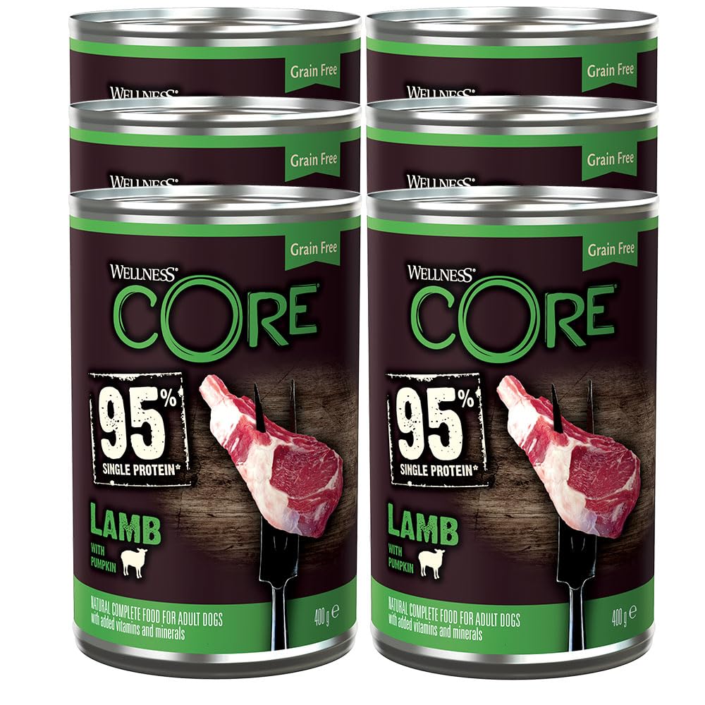 Wellness CORE 95% 6 x 400g, Agneau/Potiron – Pâtée pour Chiens Adultes, sans Céréales, Naturelles, Hypoallergénique, Riche en protéines, À Haute Teneur en Viande,
