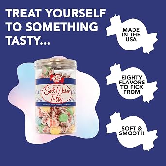 Taffy Town Saltwater Taffy, Assorted Flavors | Gourmet Nougat-Style Candy | Individually Wrapped Soft Chewy Treats | Party Snacks, Summer Desserts, Goody Bags | 18 oz Bulk Can