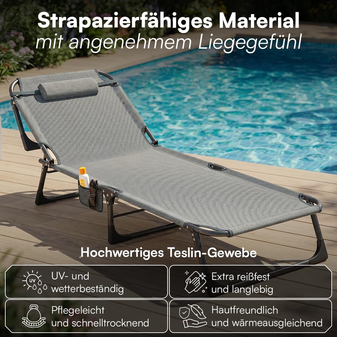 STEELSØN Nysaris Sonnenliege Klappbar – Strandliege in Grau/Schwarz – Outdoor Gartenliege wetterfest – Liegestuhl mit Polsterauflage – leichte Campingliege verstellbar mit Seitentasche – bis 180 kg