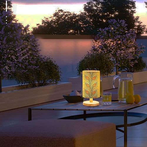 Miniatura 3 de Lámpara de noche para dormitorio, patrón de plumas sin costuras, fondo dorado, lámpara de mesa de lino, lámpara de mesa regulable con base de madera