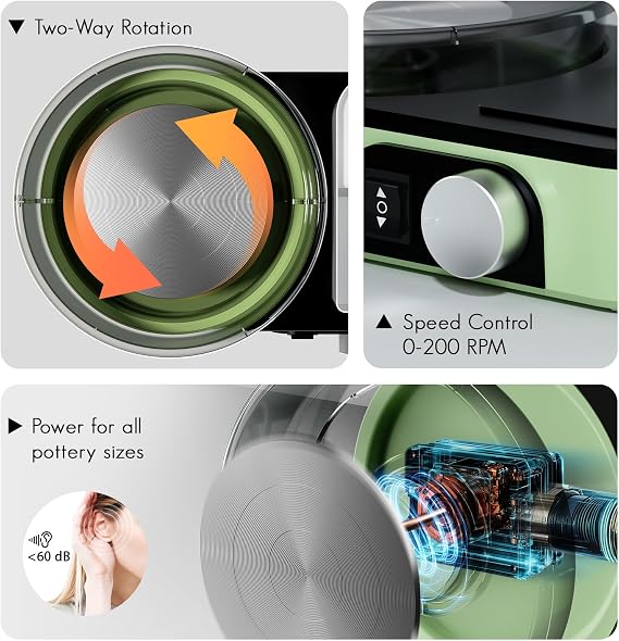 Pottery Wheel for Adults - Complete Pottery Tools Kit for Beginners, 6 Turntable Two-Way Rotation Adjustable Speed, 2.2 lbs. Air Dry Clay, Mini Clay Making Pottery Wheel with Storage Design (Green)