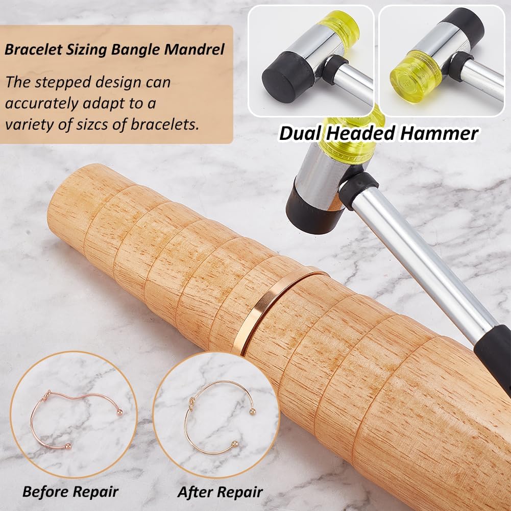 PH PandaHall Oval Bracelet Mandrel for Jewelry Making, Wooden Bracelet Mandrel Sizer Bracelets Mandrel Bangle Shaper Tool Wire Wrapping Tool with Rubber Hammer for Jewelry Crafts Making and Repair