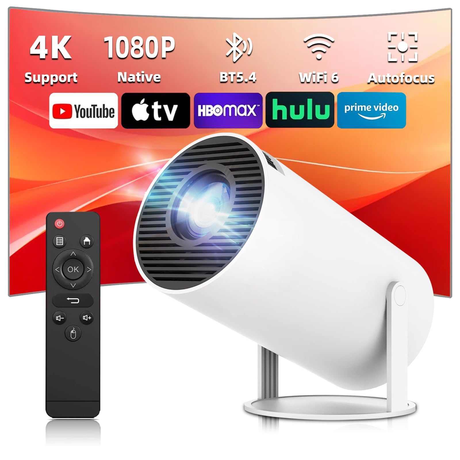 Vidéoprojecteur Portable WiFi/Bluetooth, Projecteur 4K Compatible 1080P Natif 180° Rotation Keystone Auto pour Home Cinéma Extérieur