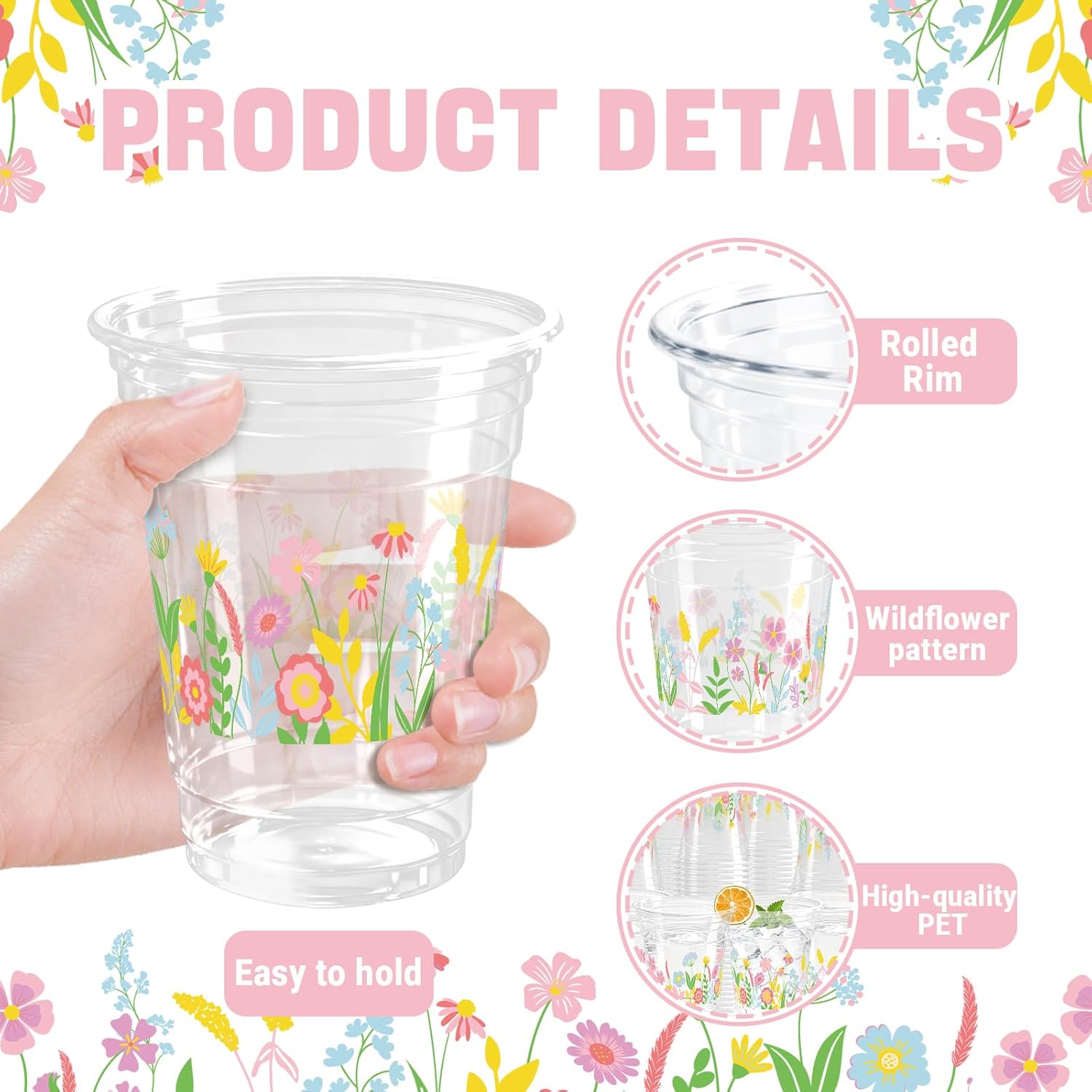 100 Pcs Wildflowers Plastic Cups 16 oz Spring Flowers Disposable Clear Plastic Cups Summer Drinking Cup for Floral Baby Shower Birthday Wedding Party Decoration Supplies
