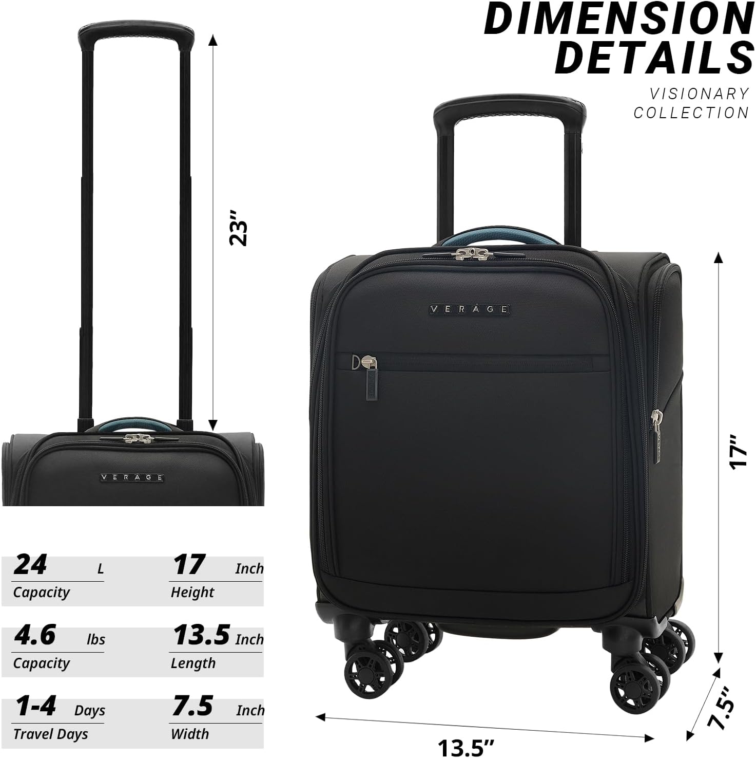 Verage Under Seat Luggage with Wheels, Softside Small Suitcase Spinner Carry On Luggage Bags for Airlines Airplanes Short Trip Men Women (Black, 14-Inch Underseat) - Image 2