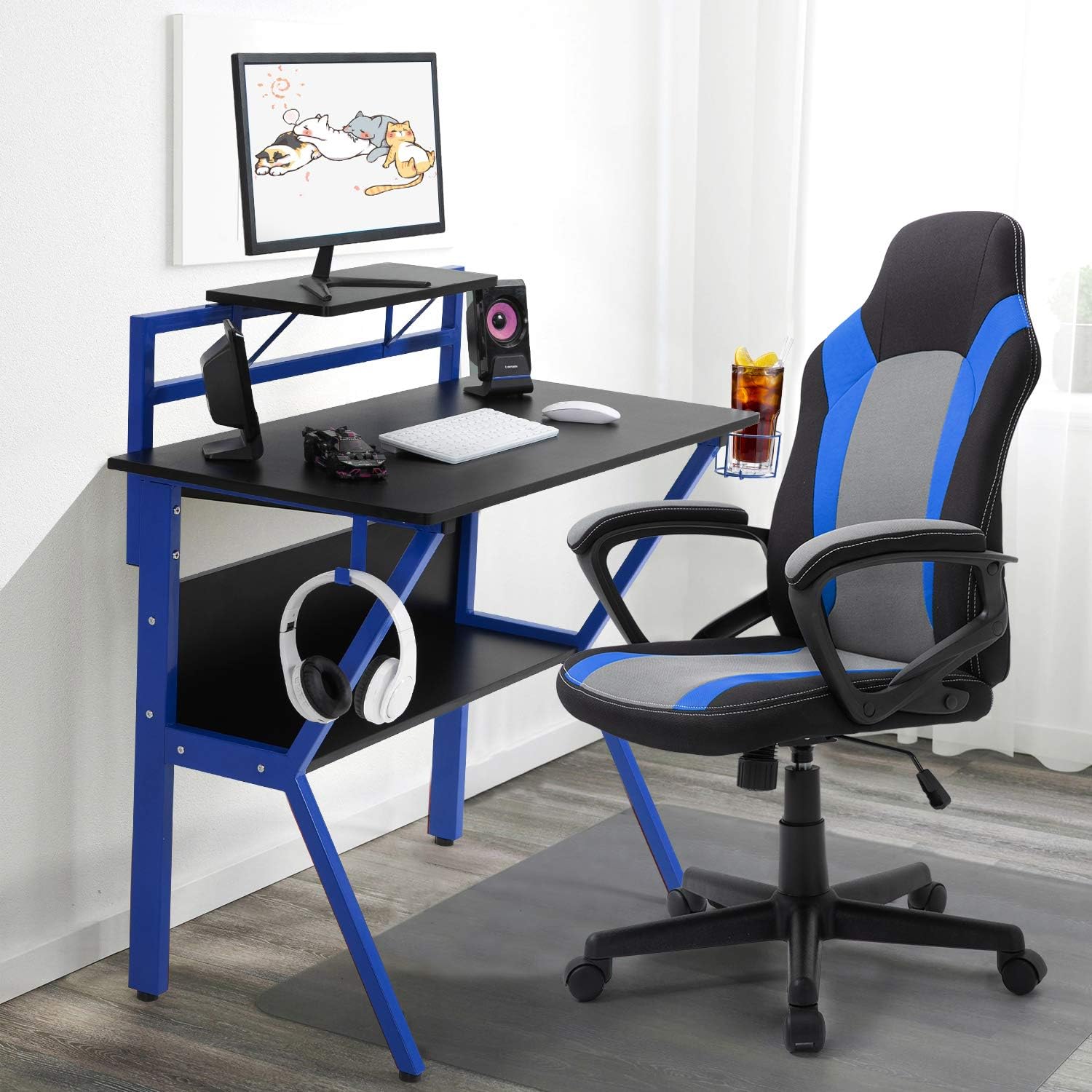 Uр Tо 40% оƒƒ SP Gaming Desk 40 inch E-Sports PC Computer Desk Gaming Workstation Desk with PC Stand Shelves Home Office Desk Gaming Table with Cup Holder and Headphone Hook for Adults Teens Students Black&Blue