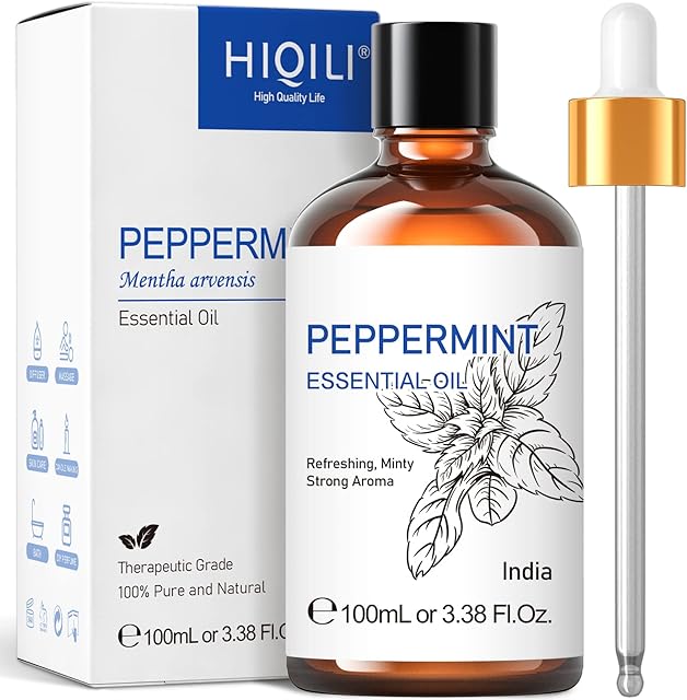 HIQILI Peppermint Oil 100ml, Pure Natural Organic Therapeutic Grade Peppermint Essential Oil