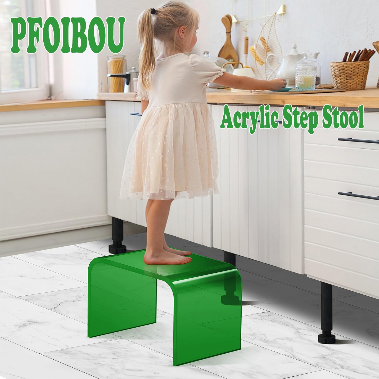 Taboret z akrylu, taboret do schodków dla dzieci, podnóżek z akrylu, taboret łazienkowy dla dzieci i dorosłych, do kuchni, łazienki i domu, obciążenie do 113 kg (Green No Non-Slip)