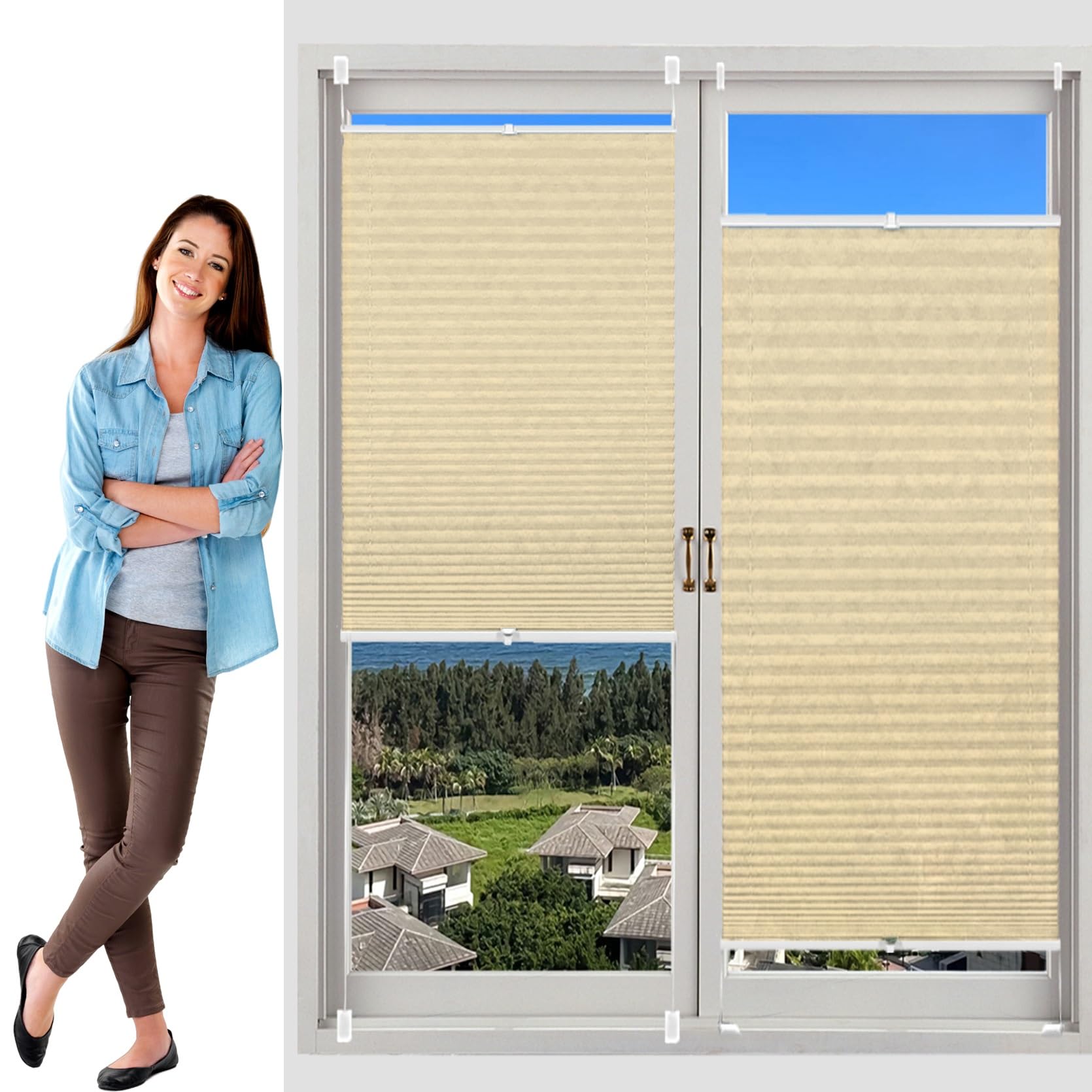 No Drill Blinds Temporary Window Blinds 60 x 155 cm (W x H), No Tool No Drill Shades Top-Down Bottom-Up, Pleated Blinds Privacy Screen, Blackout Pleated Blind, for Window Door, Beige
