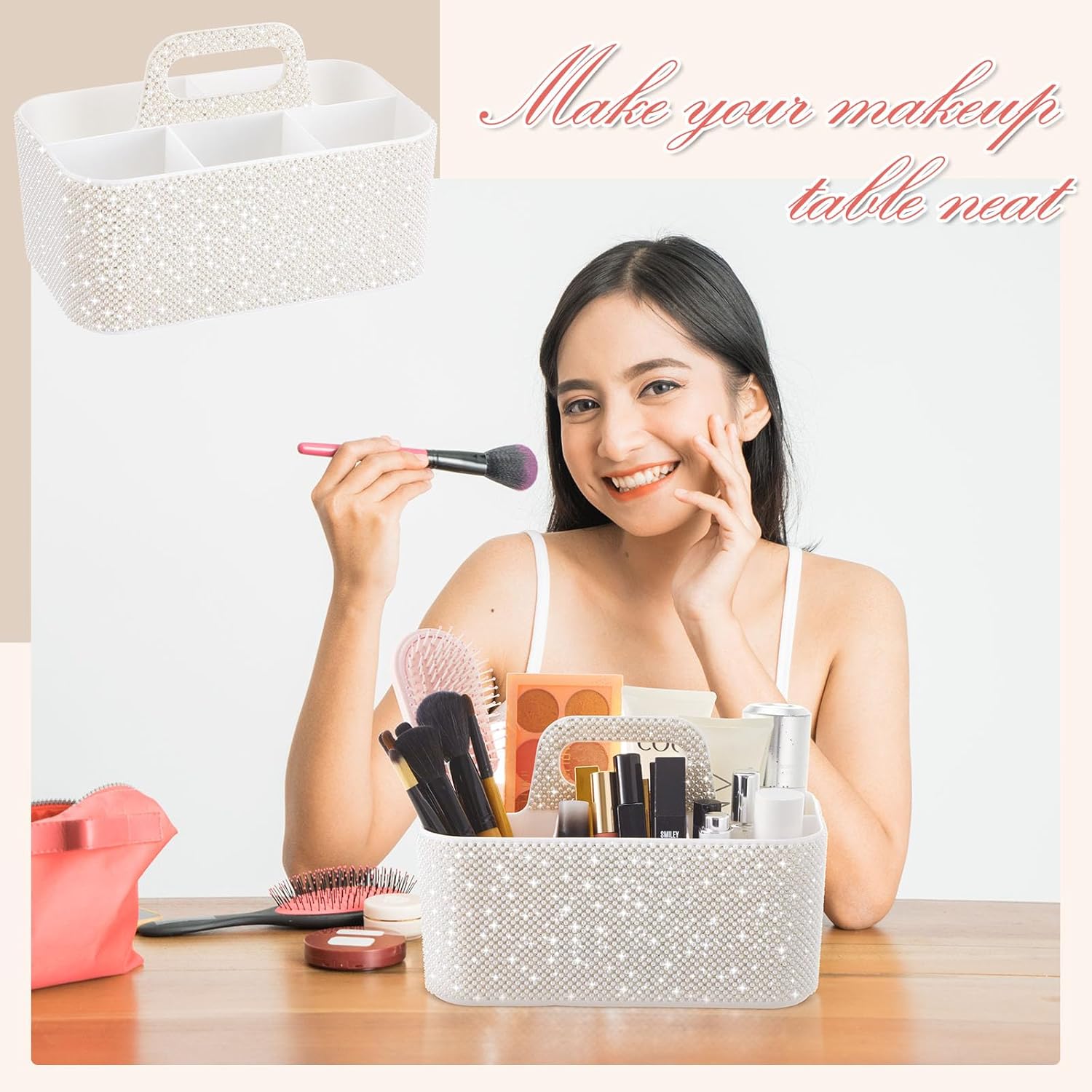 Marspark Bling Makeup Caddy Organizer with Handle, Sparkly Art Craft Holder, Glitter Bathroom Hair Caddy, Shimmer Pen Pencil Holder for Women Desk Organizer, Bling Gifts for Women(White,Pearl Diamond)
