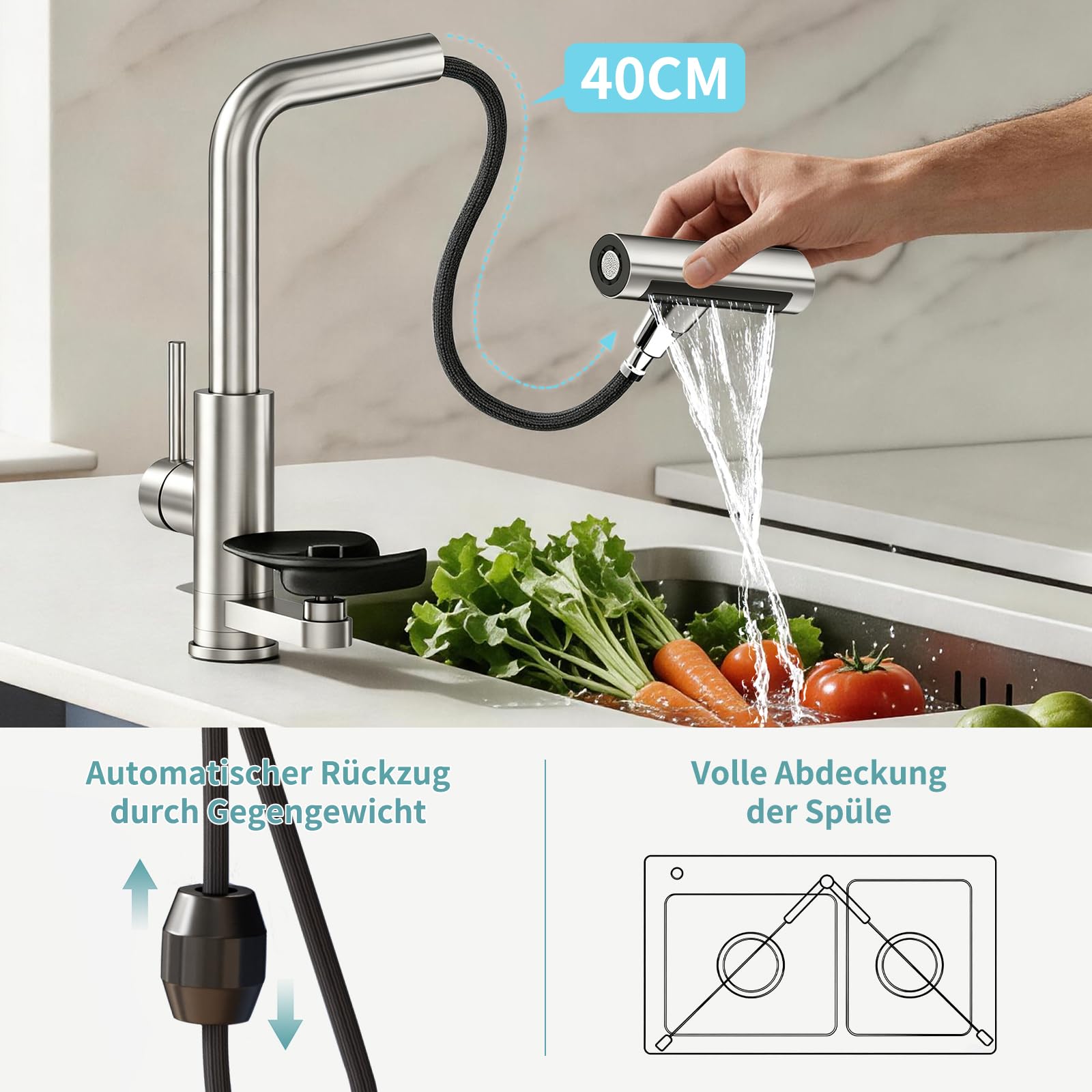 360° drehbarer Wasserhahn Küche ausziehbar mit Brause, wasserfall Mischbatterie Küche mit Gläserspüler, 4 Modi Spültischarmatur mit Glasspüler (Gebürstetes Nickel, Standardausführung)