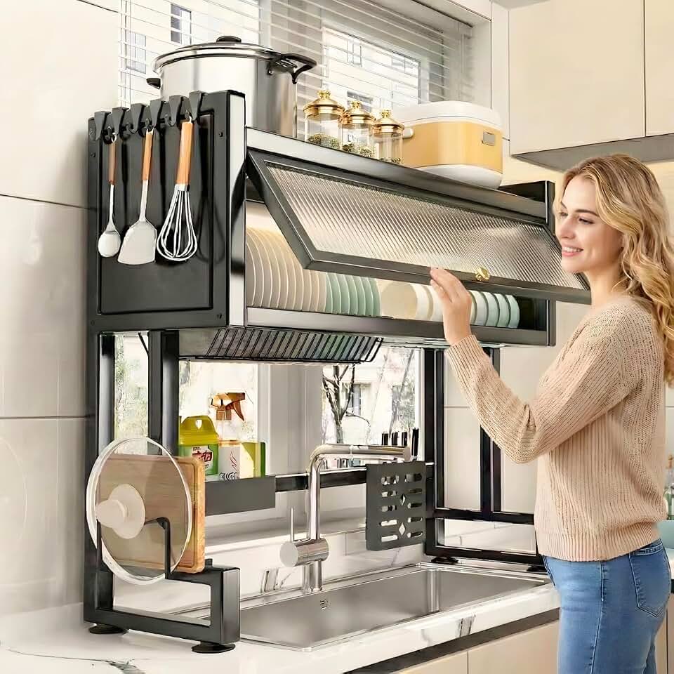 VANOVA Escorredor de Louça Multiuso Suspenso Grande com Armário, Gaveta, Porta Retrátil, Organizador de Pia para Cozinha Moderna (65CM)