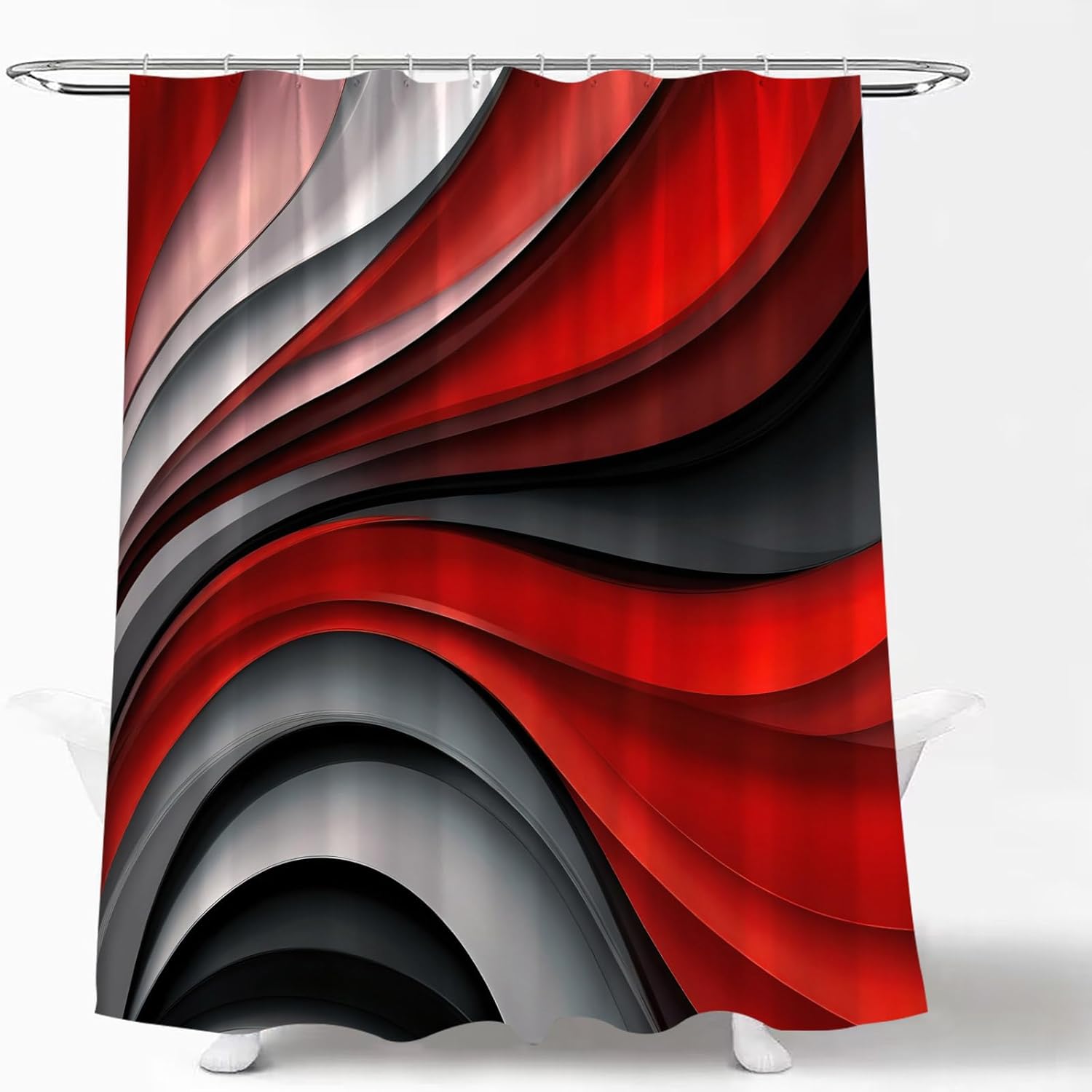Modern Geometric Shower Curtain Abstract Red Black Gray Stripes Geometric Line Circle Aesthetic Vintage Mid Century Fashion Fabric Bathroom Curtain Set with Hook