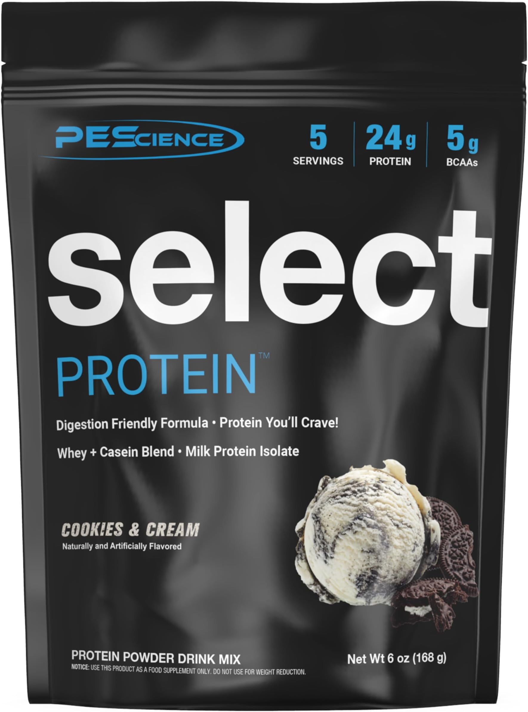 Select Protein Powder, Whey and Casein Blend, Lean Protein Powder for Women and Men, Low Calorie, Low Carb, Keto Friendly, Gluten Free, Cookies and Cream - 5 Servings
