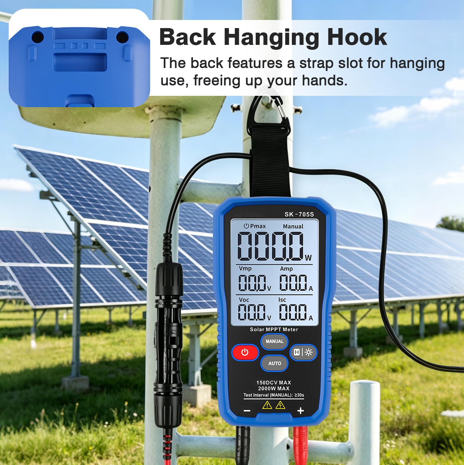PV Messgerät, 2000 W SK-705S Solarpanel tester Solar MPPT Leistungstester für Photovoltaikmodule,nicht höher als DC 150V 35A, Leerlaufspannungs Fehlerbehebung mit 3,2" LCD-Display, Voc Isc Vmp Pmax