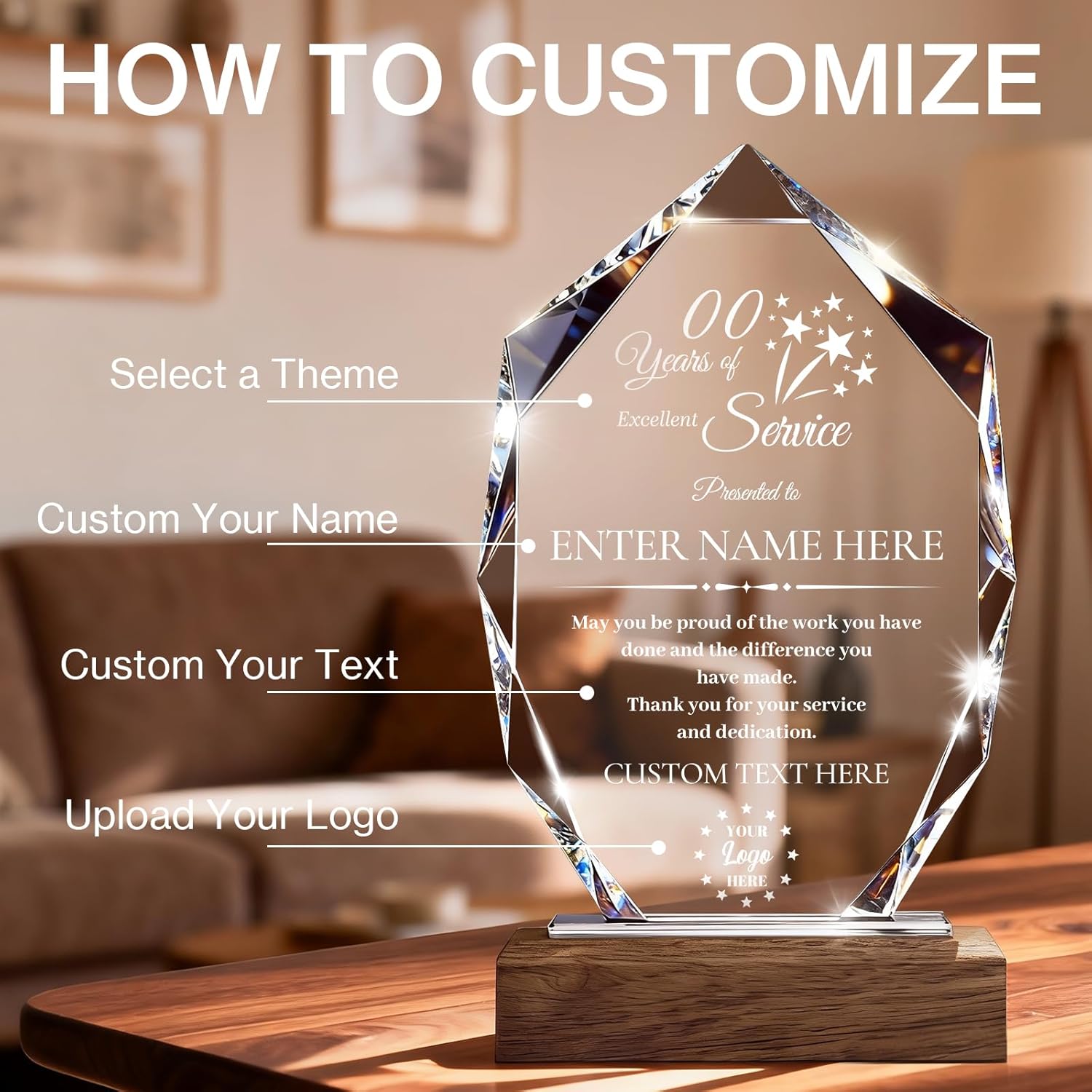 Custom Crystal Trophy Award with Wood Base, Personalized Plaque Engraved with Logo Text for Retirement, Difference Maker, Employee Appreciation Gifts for Coworker