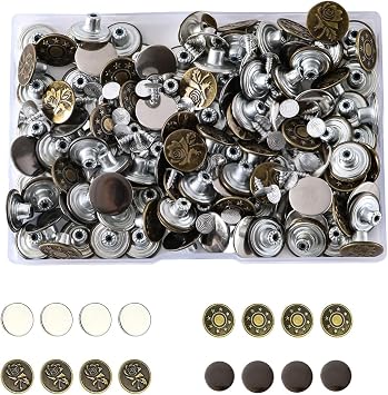 120 Sets Buttons for Jeans,No-Sew Metal Buttons Pins, Pants Button Replacement Tightener Repair Combo Thread Rivets17mm