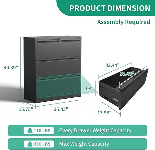 Miniatura 3 de Archivadores laterales de 3 cajones con cerradura, archivador lateral de metal para oficina en casa, gabinete de almacenamiento de acero ancho para