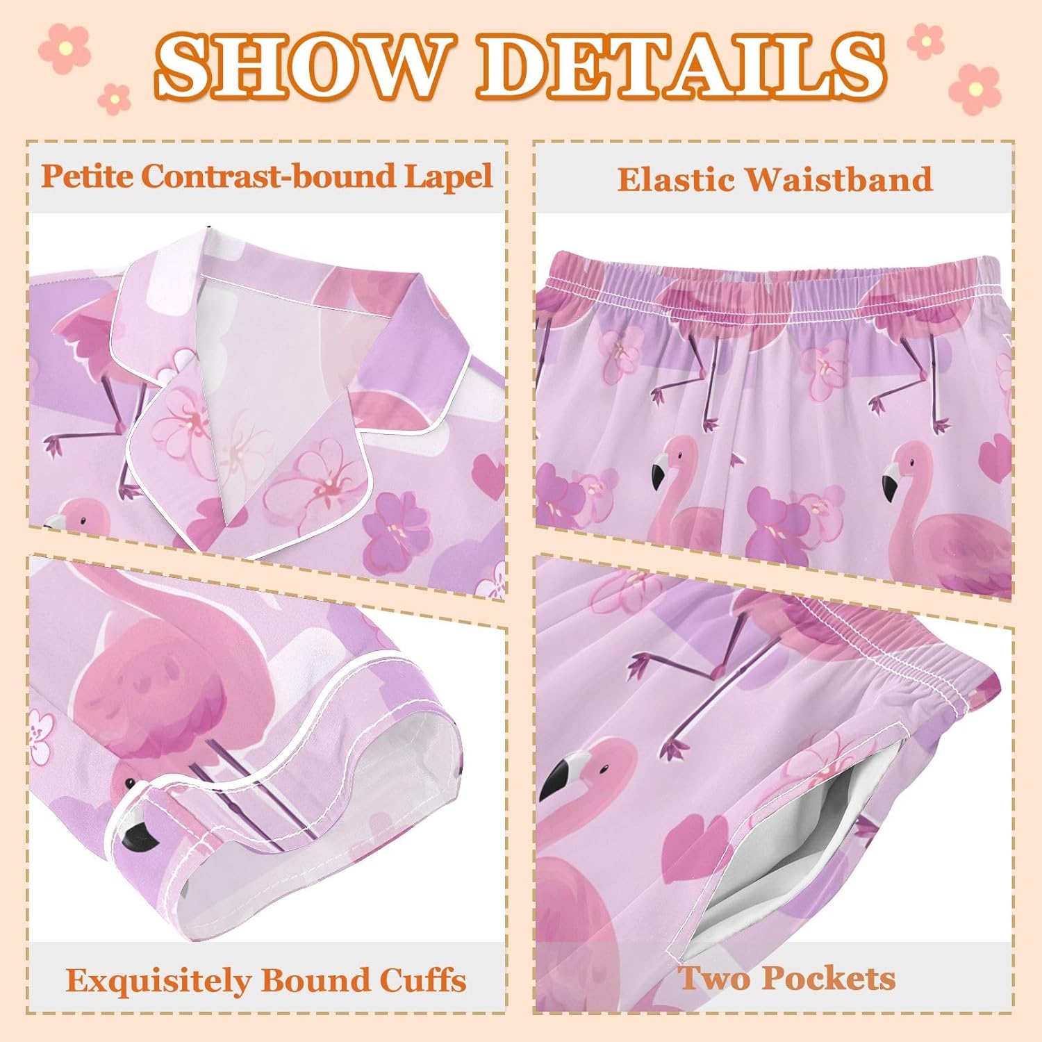 Kids Casual Satin Wear Set Purple Flamingo Heart Pattern Unisex Relaxed Fit Clothing