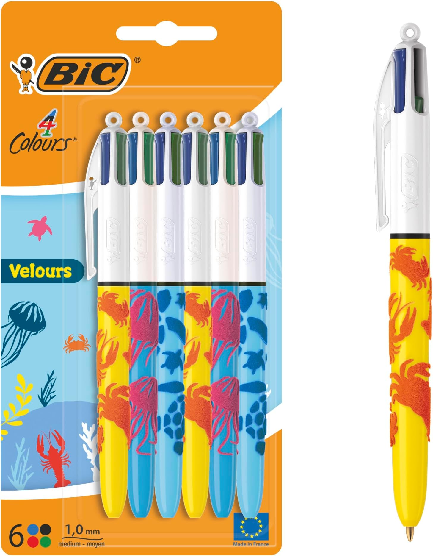 4 Colours Velours Ball Pens Medium Points (1.00 mm) Sea Life Theme - 3 Assorted Designs, Pack of 6