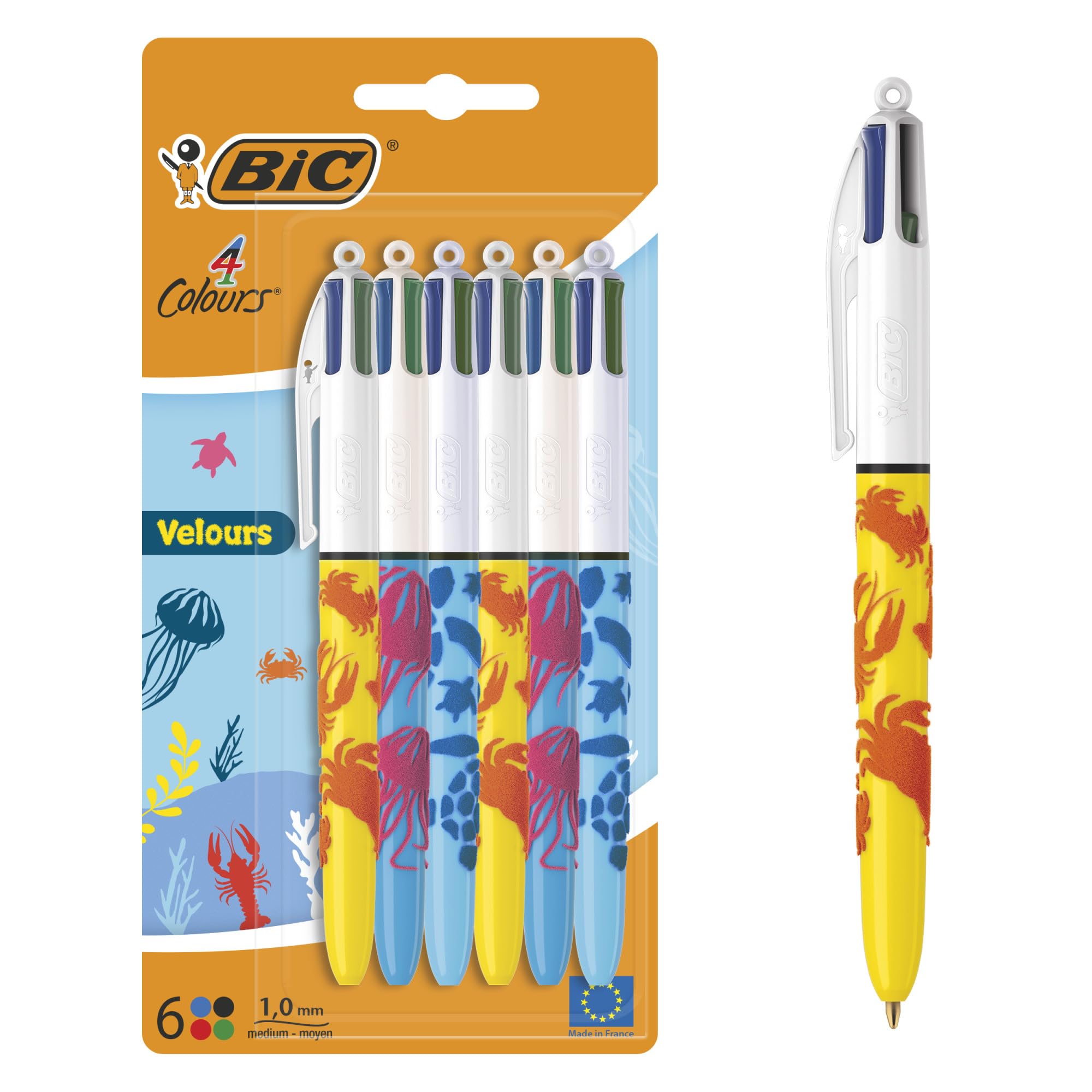 – 4 Colours Velours Ball Pens Medium Points (1.00 mm) Sea Life Theme - 3 Assorted Designs, Pack of 6