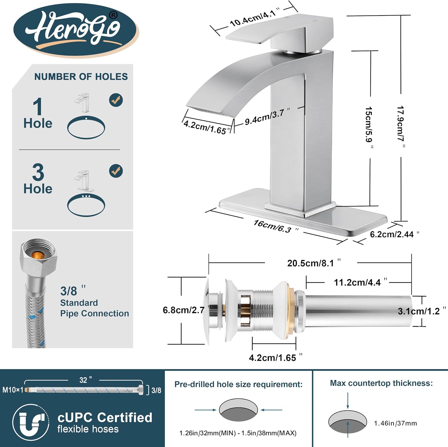 Bathroom Sink Faucet, Herogo Brushed Nickel Stainless Steel Waterfall Bathroom Faucet with Pop-up Drain & Deck Plate, Single Handle, for 1 or 3 Hole RV Vanity Lavatory Sinks