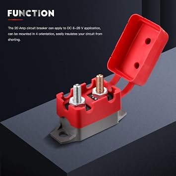BBTO 4 Pcs 12V-24V Auto Reset Circuit Breaker, Stud Bolt, 20 Amp | DC System, Protective Cover, For Car Truck Marine RV, 20 30 50 Amp Rated, Overcurrent Protection, Copper Terminals