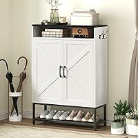 MAHANCRIS SHHW9501 Farmhouse 6-Tier Shoe Cabinet with Doors - Narrow Entryway Organizer, White & Black, Holds 20 Pairs