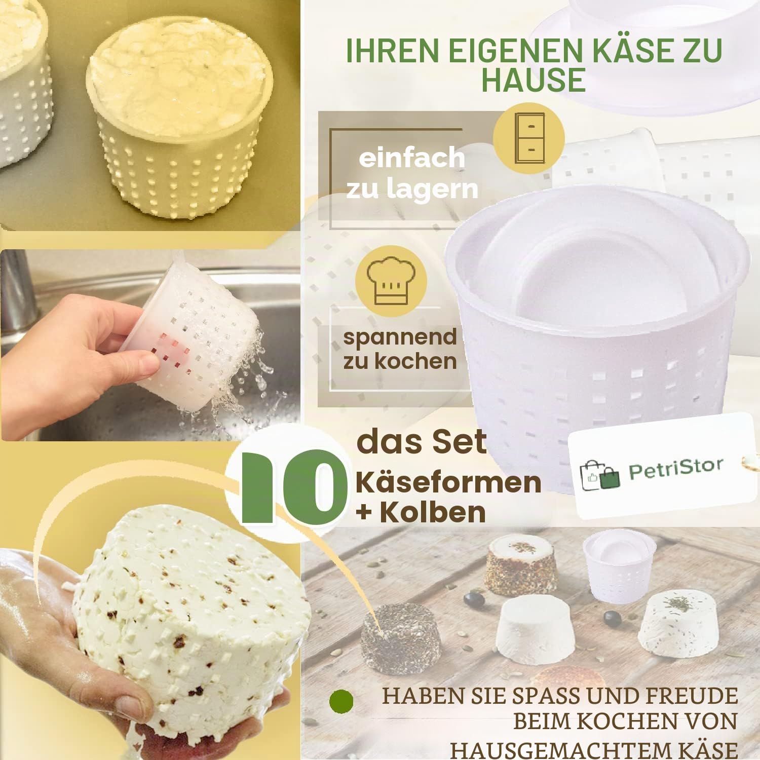 10 Stück Käseformen + Kolben – Basic Käseform 300 ml + Follower Kolben – Käseherstellungsset mit Kolben – Käseform für die Käseherstellung – Käse-Set für Presse