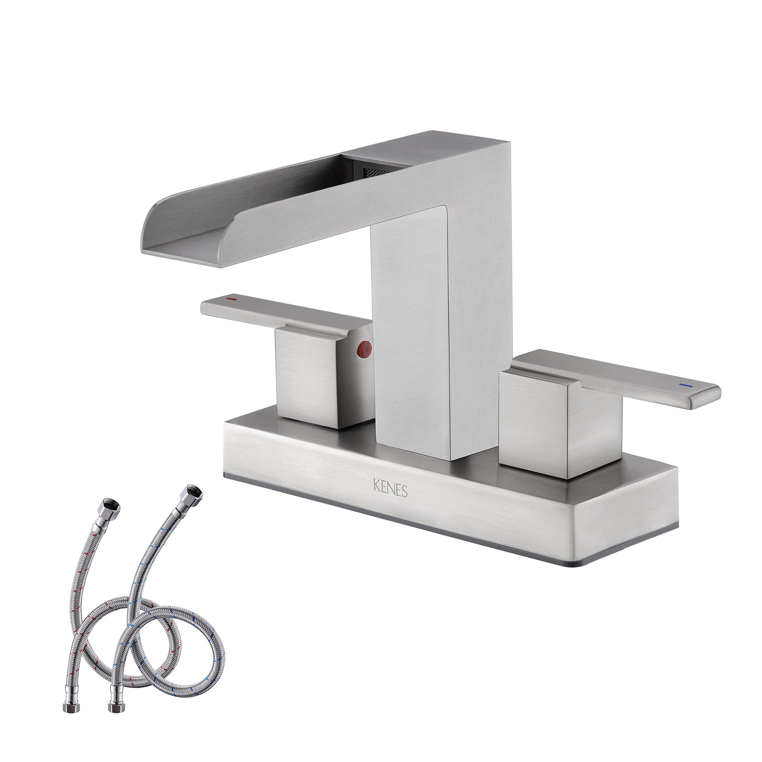 KENES Brushed Nickel Centerset 4 Inch Waterfall Bathroom Faucet Two-Handle Bathroom Sink Faucet Modern Vanity Faucet 3 Hole Bathroom Lavatory Faucet with Lead-Free Supply Lines, KE-9053